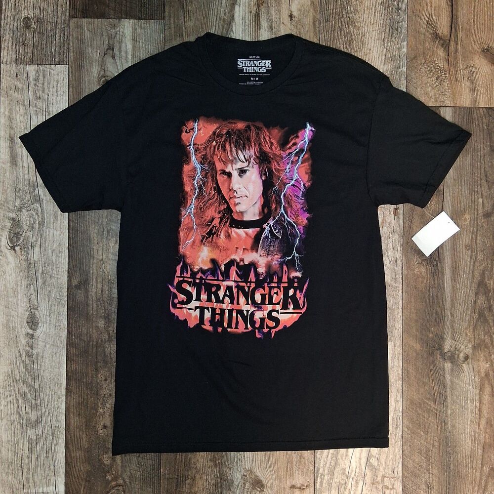 NEW Stranger Things Eddie Munson Black Graphic T-Shirt Lightning Bolt Size M